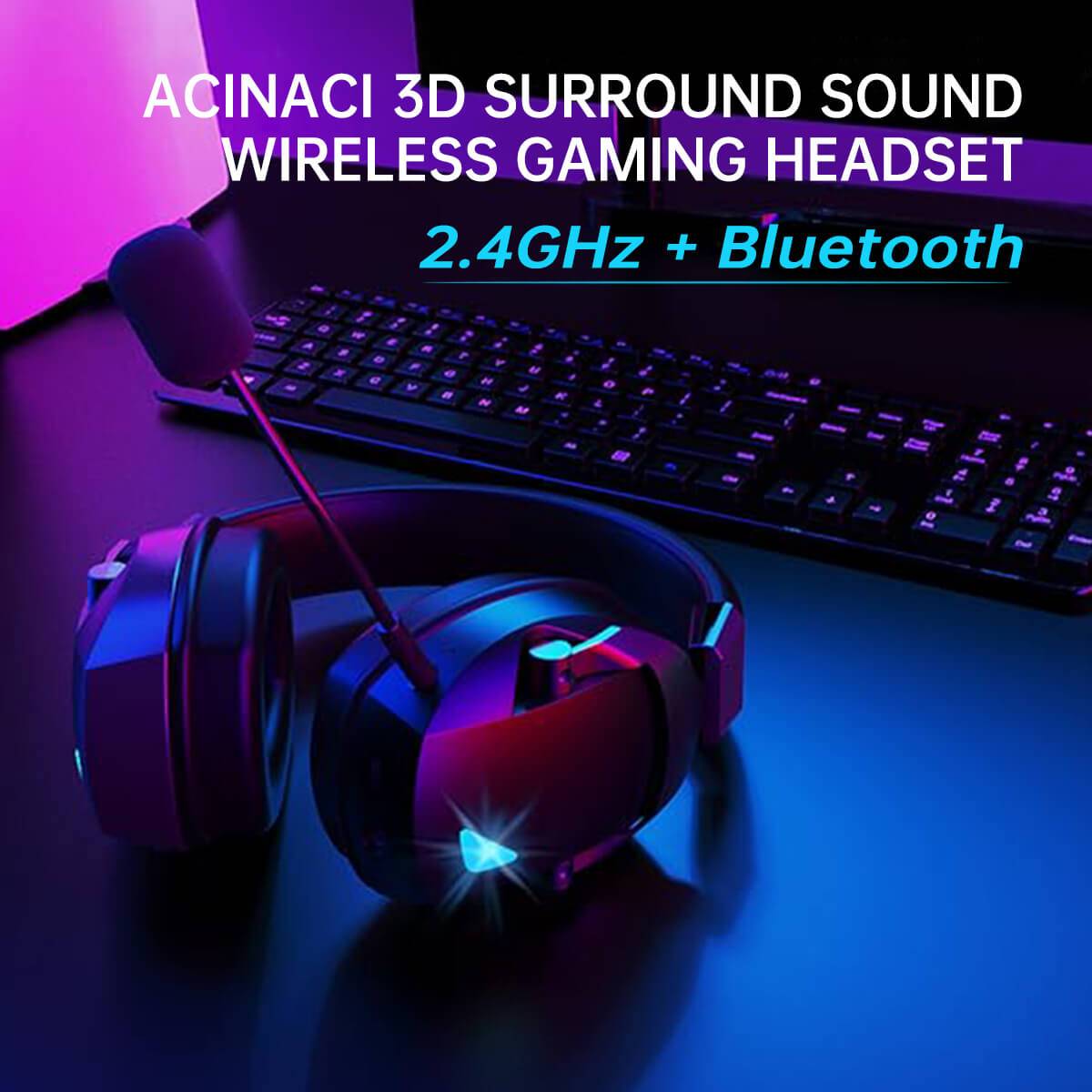 Acinaci 3D surround sound wireless gaming headset featuring 2.4GHz and Bluetooth connectivity for immersive gaming audio.
